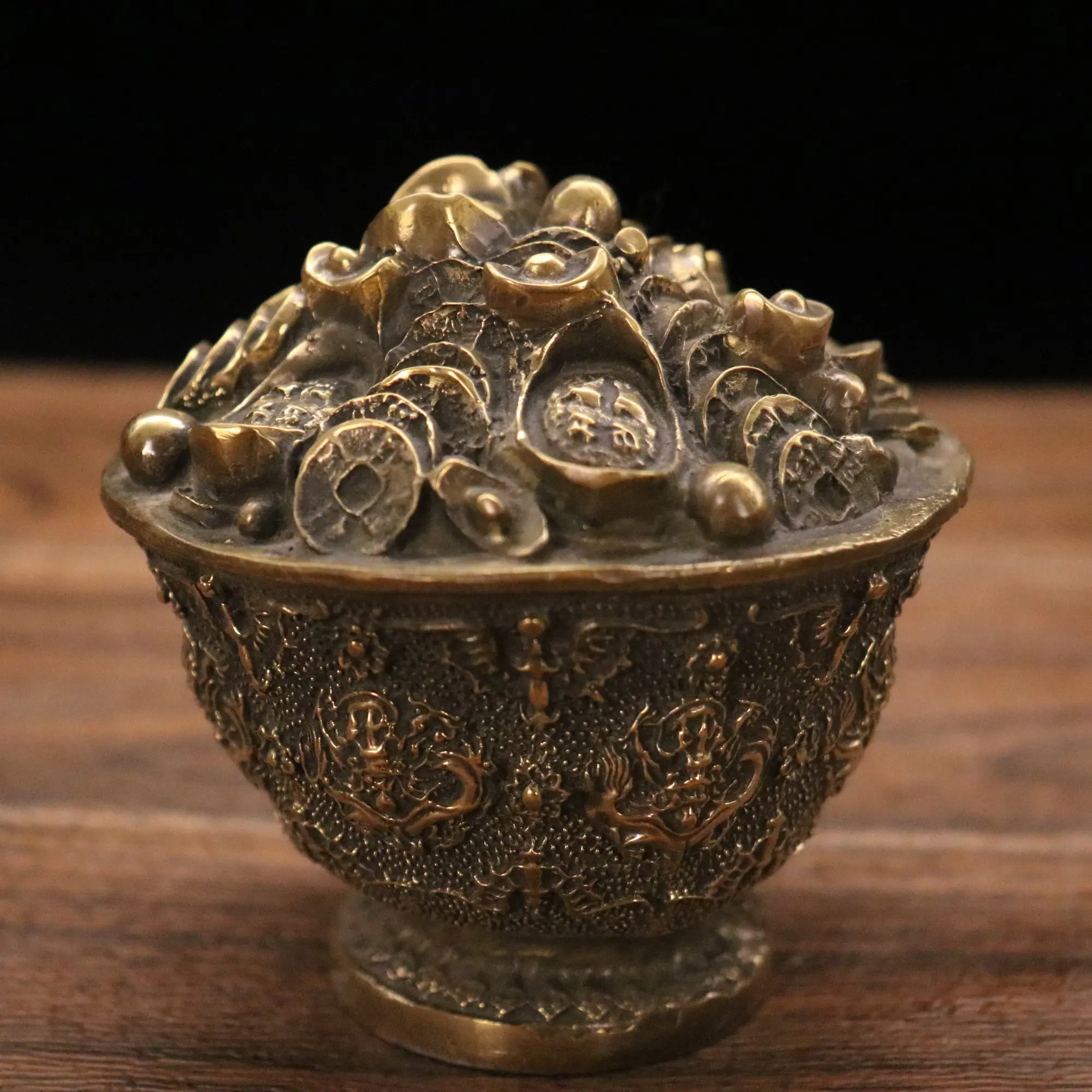 

4"Tibetan Temple Collection Old Brass Treasure Bowl Ingots Coin Lucky fortune Gather wealth Ornaments Town House Exorcism