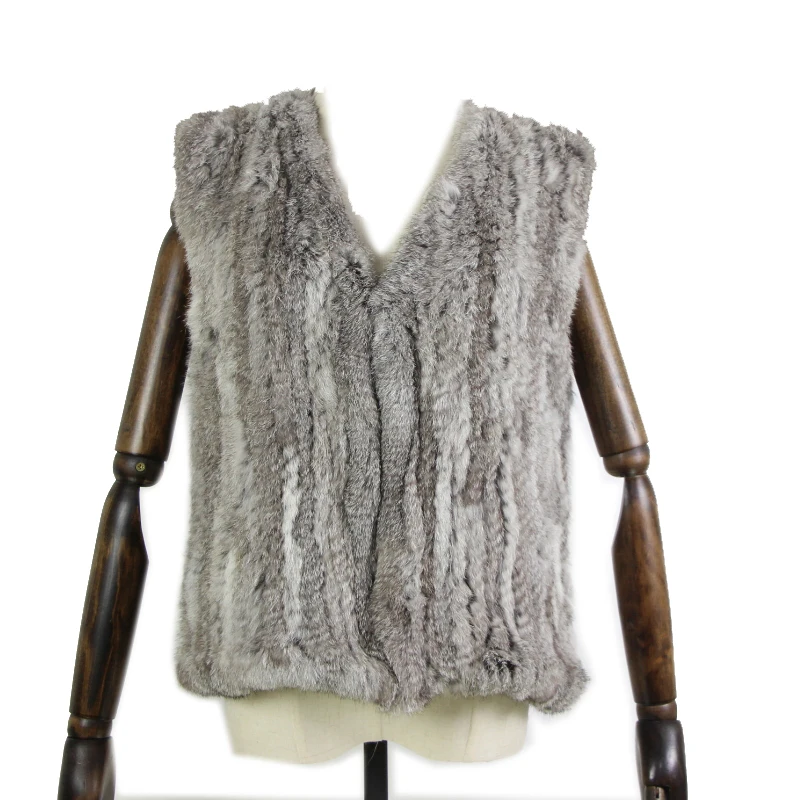 Hot Sale Womens natural real Knitted rabbit fur vest without raccoon fur collar waistcoat/jackets rabbit knitted Fur Vest