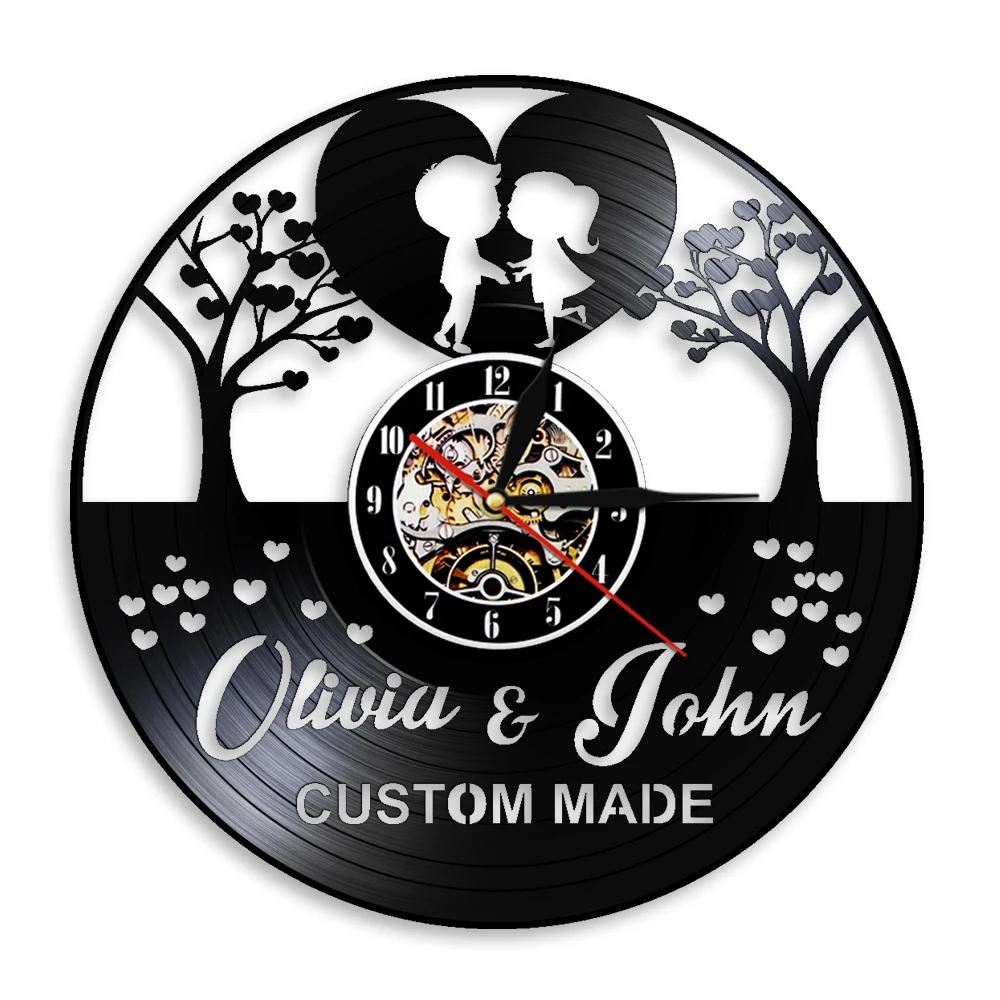 Tree Of Love 3D Wall Clock Personality Custom Names Wedding Decorative Vinyl Record Wall Clock Watches Modern Design For Bedroom