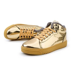 Warm Men Shoes Patent Leather Sneakers High Tops Gold Silver Hip Hop Boots Plush Winter Shoes Fashion Shoes Flats Size 47