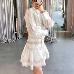 O-Neck Vintage White Women Short Dress Tassel Hollow Out Lace Spliced Ruffle Irregular Dress Streetwear Slim Fit Elegant Dress