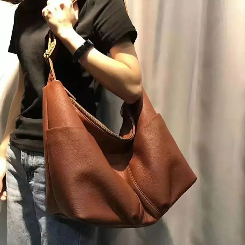 2021 First Layer Cowhide Crossbody Bag Female New Korean Version Large Bag Large Capacity Leisure Shoulder Bag