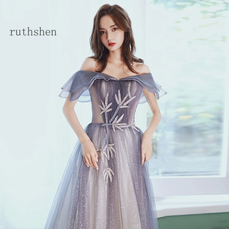 Tulle Prom Dresses A-Line Long Vestidos De Graduacion Evening Gowns Off Shoulder Shimmering Elegant Gradient Party Dress