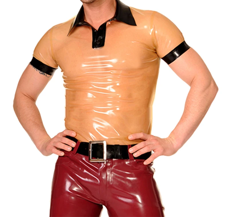 

Black collar & trims decorations men's polo tops slim transparent latex t-shirt(exclude the pants)