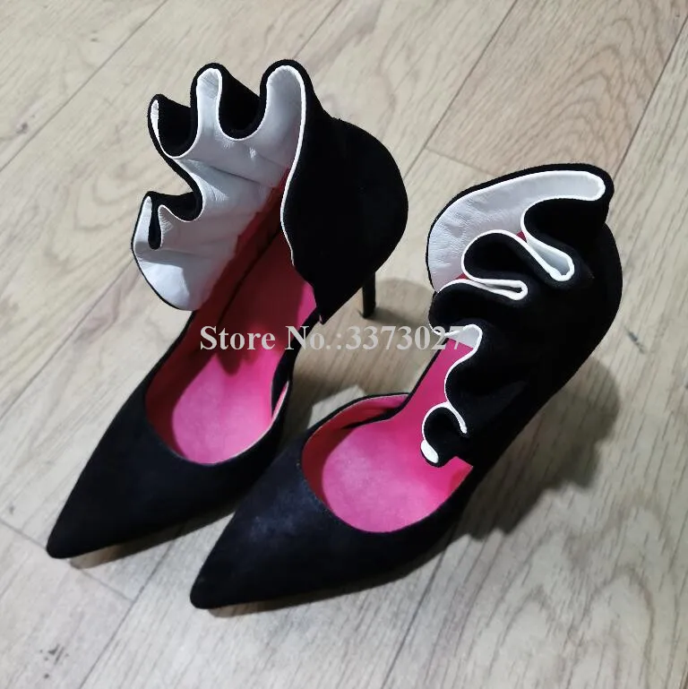 Black Suede Ruffles Stiletto Heel Pumps Shoes Women Sexy Pointed Toe Mixed Color High Heels Single Shoes Lady Real Photos Shoes