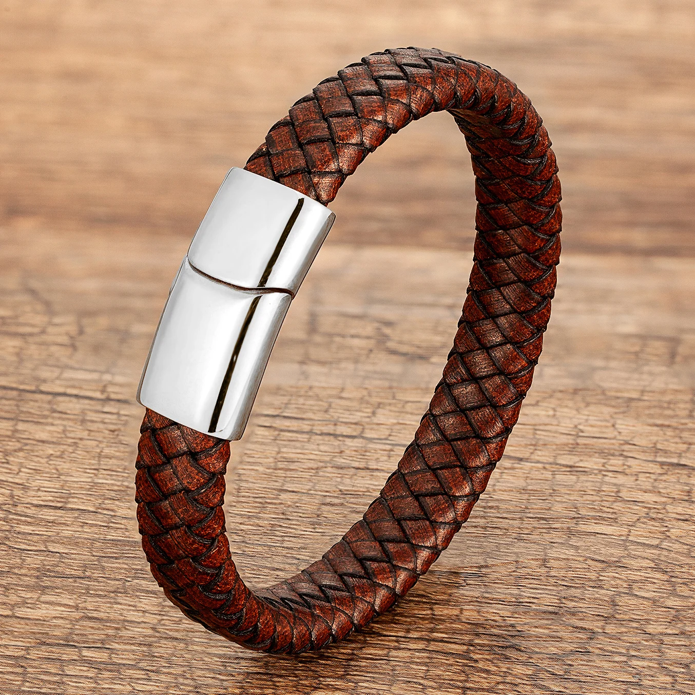 Modischer Herrenschmuck, braunes geflochtenes Lederarmband, Charm-Armband mit magnetischem Verschluss aus Edelstahl, Punk-Armband für Männer, Geschenk. – Detail 10