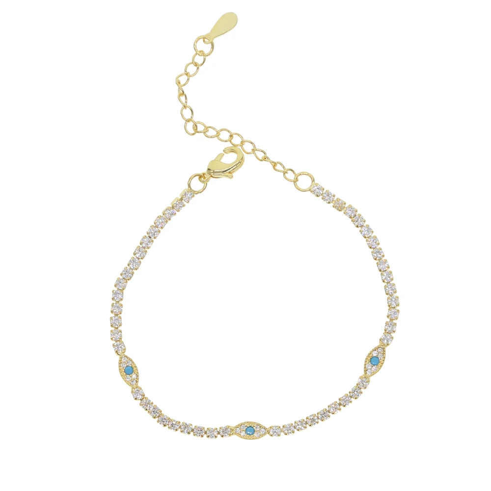 Thin CZ Tennis Chain Cute Lovely Small Turkish Evil Eye Charm Tennis Bracelet