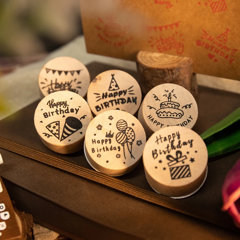 

6Pcs Happy Birthday Wood Stamps DIY Scrapbooking Party Wooden Rubber Stamp Craft Supplies Handmade Wooden Stamp for Home Decor