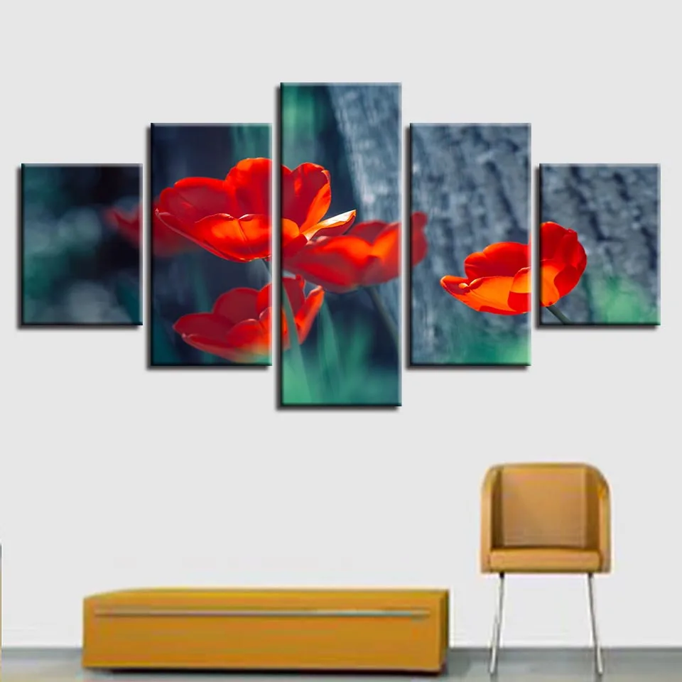 Modern HD Printing Modular Canvas Pictures 5 Pieces Beautiful Red Flowers Paintings Framework Living Room Wall Decor Art Posters