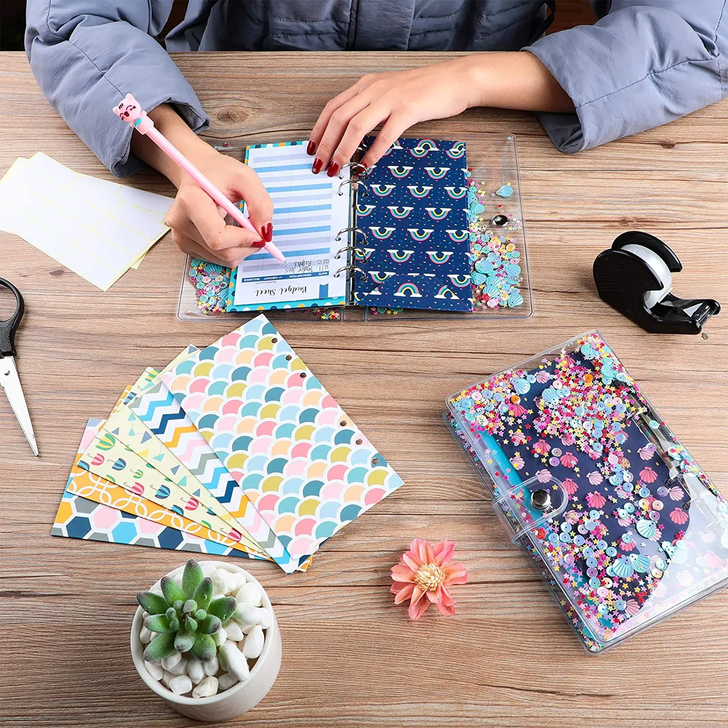 A6 Chất Kết Dính Ngân Sách Tiền Mặt Bao Thư Hệ Thống Ngân Sách Lập Kế Hoạch Tổ Chức 6 Vòng Xách Tay Lọ Với Sáng Bóng Kim Sa Lấp Lánh