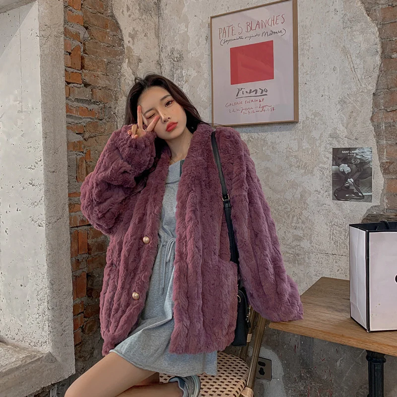 Autunno donna albicocca Faux Rabbit Fur Coat Casual coreano scollo a v manica lunga Coath Outwear inverno allentato Casual femminile Abrigo Mujer