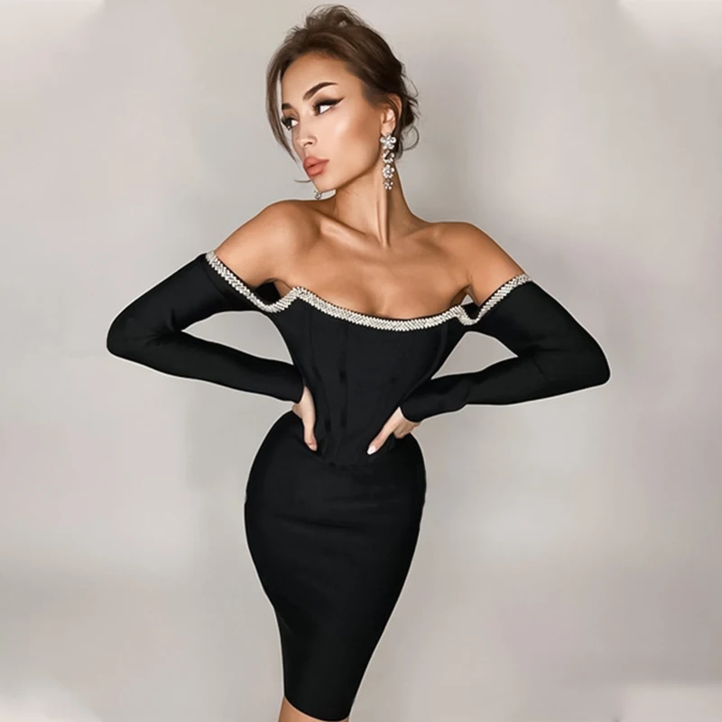 New Arrival Women Black White Mini Crystal Sexy Off Shoulder Long Sleeves Night Club Party Bandage Dress Vestidos