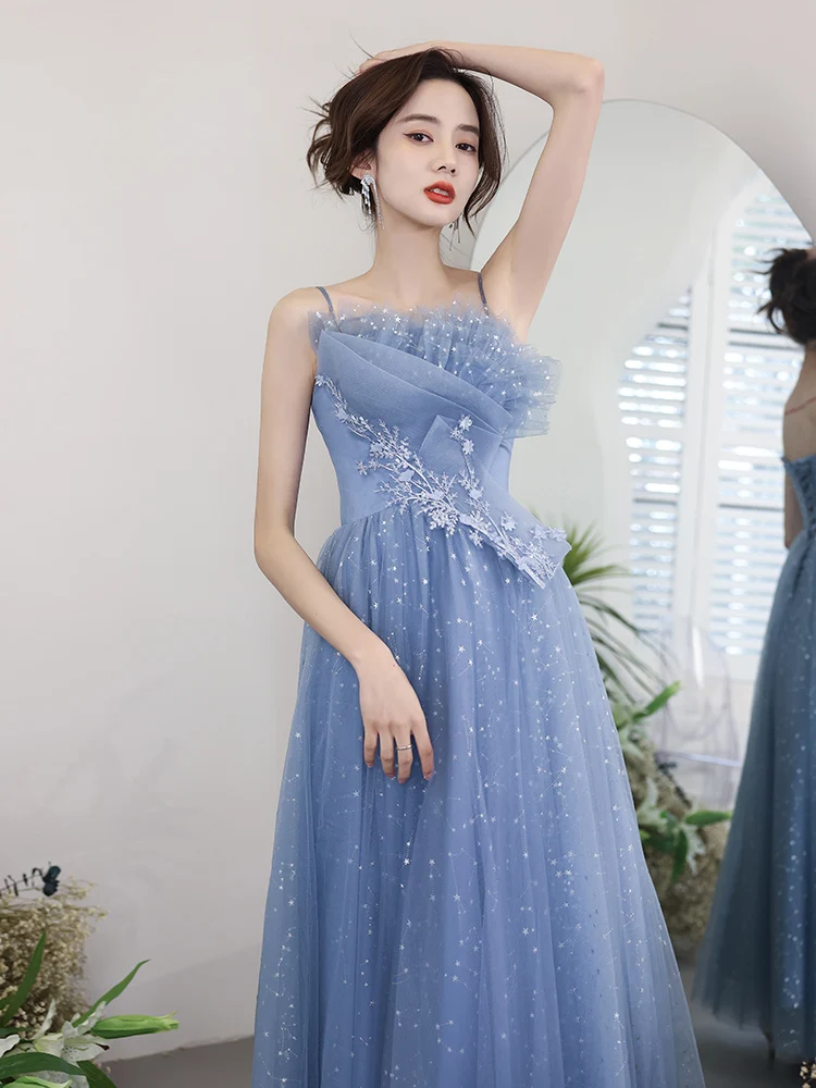 Chic Agaric Lace Up Strapless A Line Evening Dress Blue Spaghetti Strap Appliques Retro Bandage Shining Prom Party Gown