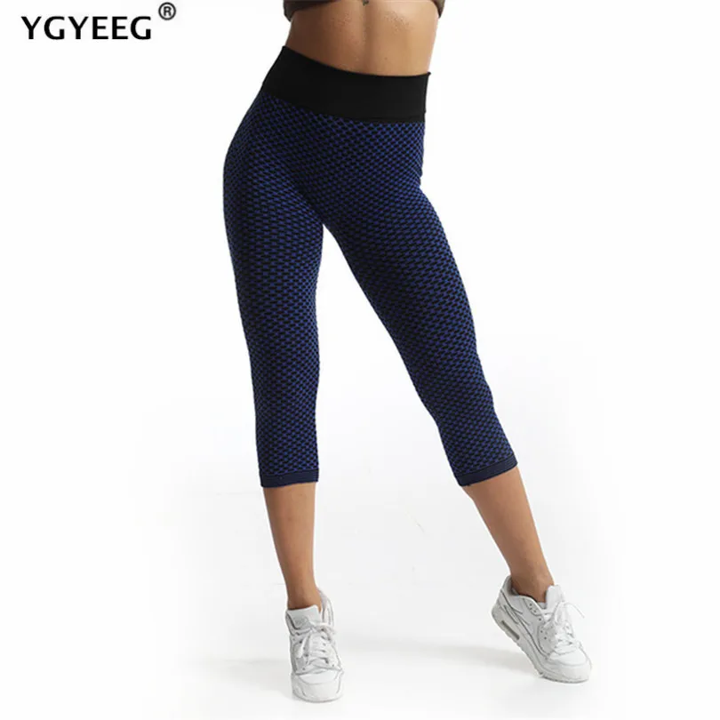 

YGYEEG Women High Waist Seamless Leggings Sport Fitness Gym Push Up Printed Grid Tights Yoga Pants Breathable Polyester Capris