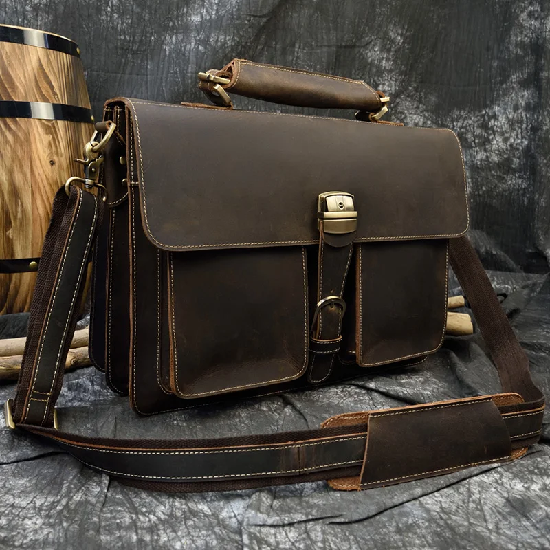 Borsa per laptop in pelle con strato superiore in pelle di grande capacità retrò di moda borsa a tracolla per computer da 15 pollici in pelle di