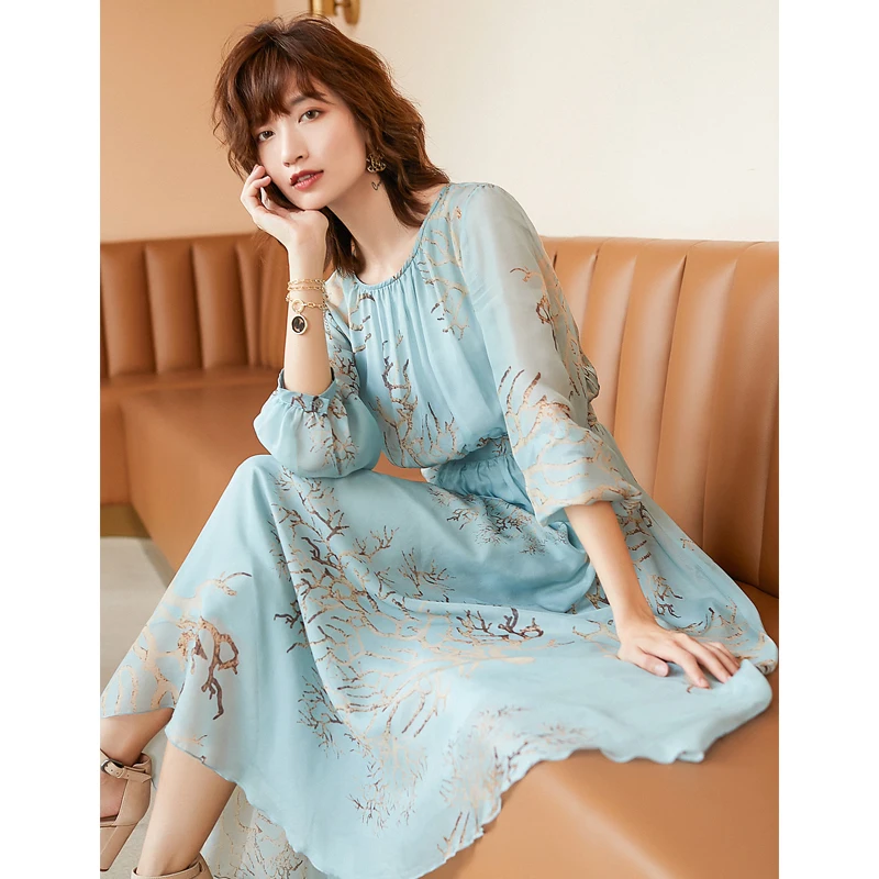 100% Silk Dress Women Simple Design Printed O Neck Long Sleeve Loose Waist Summer Party Dresses Clothing New Fashion