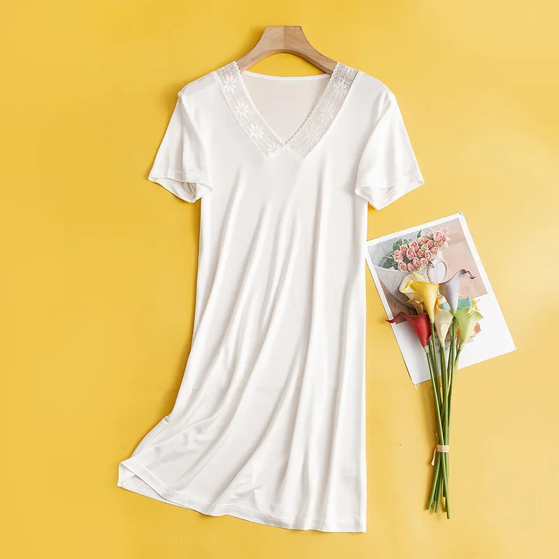 Women Nightgown 23% Silk 77% Polyester Stretchy Knit Silk Short Sleeve Lace V-neck Full Slip Sleepwear sleep dress TU017