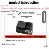 For 70mai Dash Cam A800S  Micro USB Dash Camera Charger Adapter Hard Cable 3.2M 12V - 24V to 5V2.5A70mai Hardwire Kit Micro USB