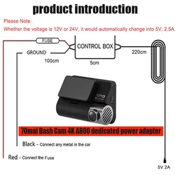 For 70mai Dash Cam A800S  Micro USB Dash Camera Charger Adapter Hard Cable 3.2M 12V - 24V to 5V2.5A70mai Hardwire Kit Micro USB