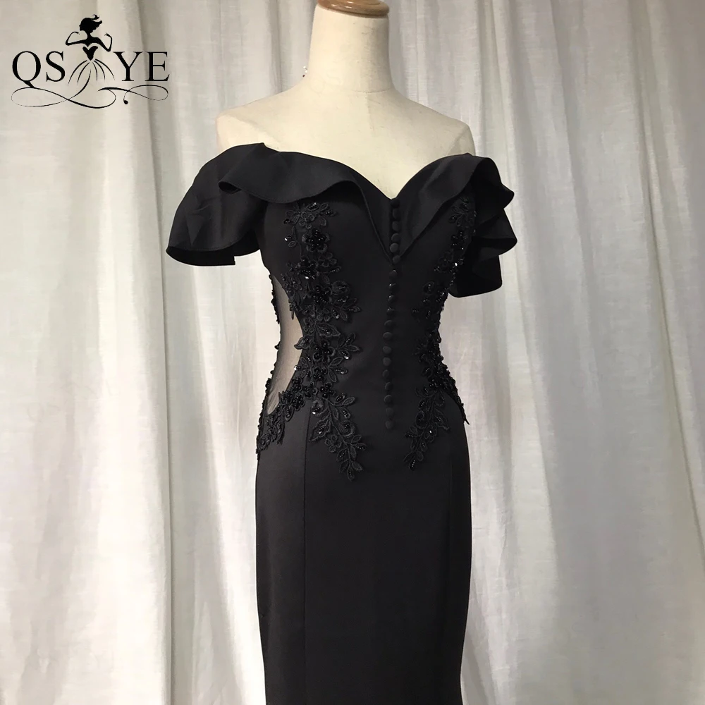 Black Evening Dresses Bead Appliques Lace Long Stretch Satin Mermaid Party Gown Off Shoulder Short Sleeves Women Gown Buttons