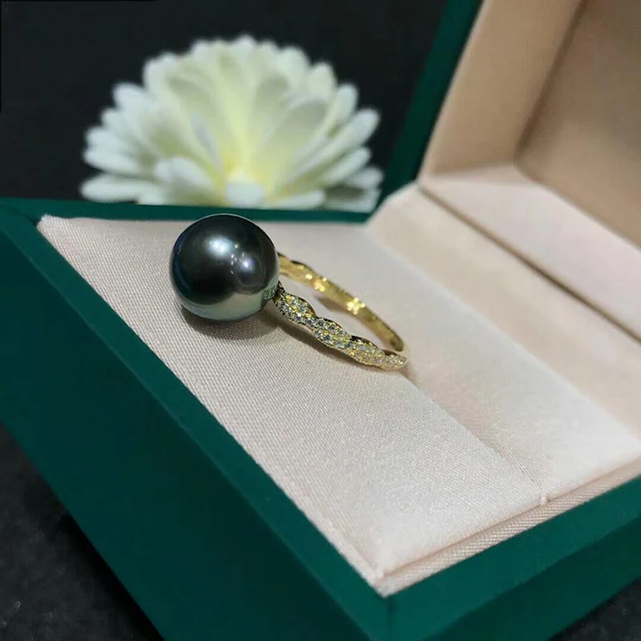 

XF800 Genuine 18K Gold Jewelry Ring For Women Natural Tahitian Black Seawater Pearl Fine Jewelry Female Wedding Gift R513