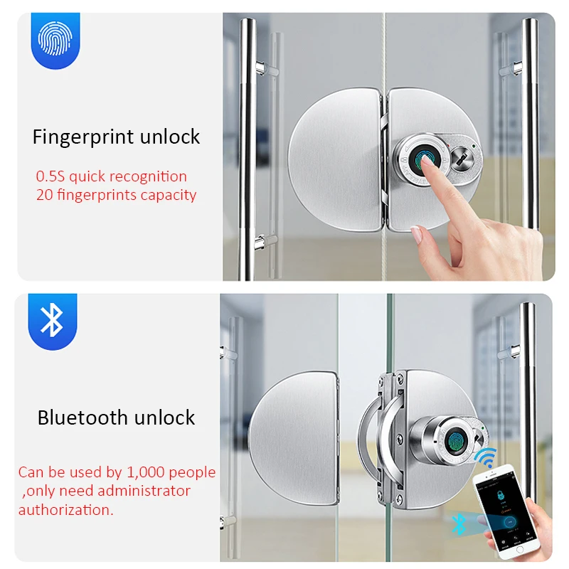 Electronic Smart Fingerpeint Glass Door Lock for Home Office Key Lock for Single Double Door Bluetooth Lock APP Control