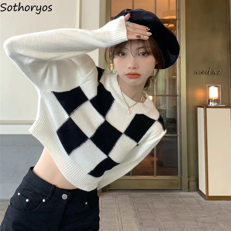 

Fashion Panelled Pullovers Women Loose Short Style Checkered Simple O-neck Knitwear Thermal Sweaters Hip Hop Spring Chic Cozy