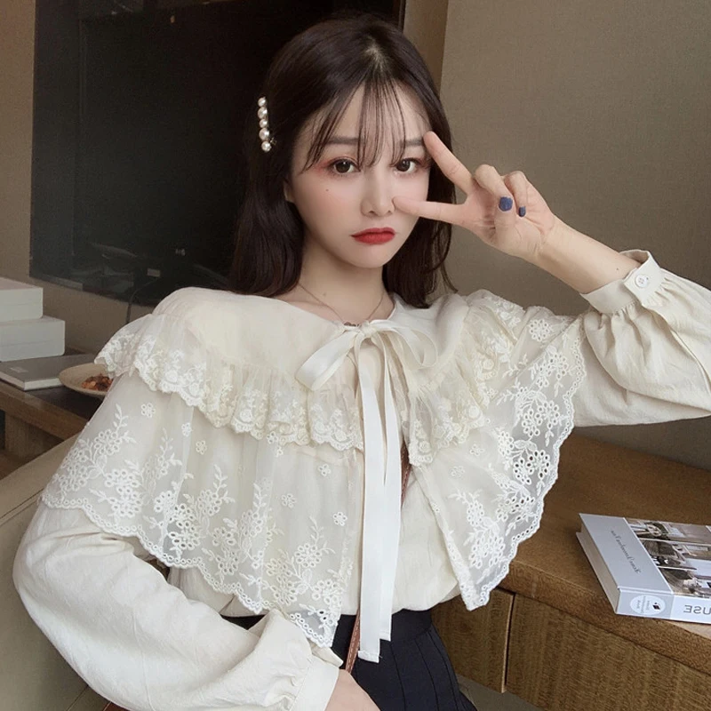 Korean Fashion Elegant Blouse Womens Clothing Peter Pan Collar Floral Ladies Lace Tops Bandage Long Sleeve White Shirts Purple