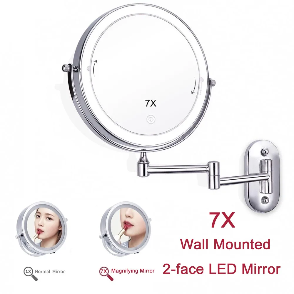 Make-Up Spiegel Met Licht Makeup 7X Vergrootglas Spiegel 2-Face Touch Dimmen Led Verlichting Wall Mount Badkamer make Up Spiegel