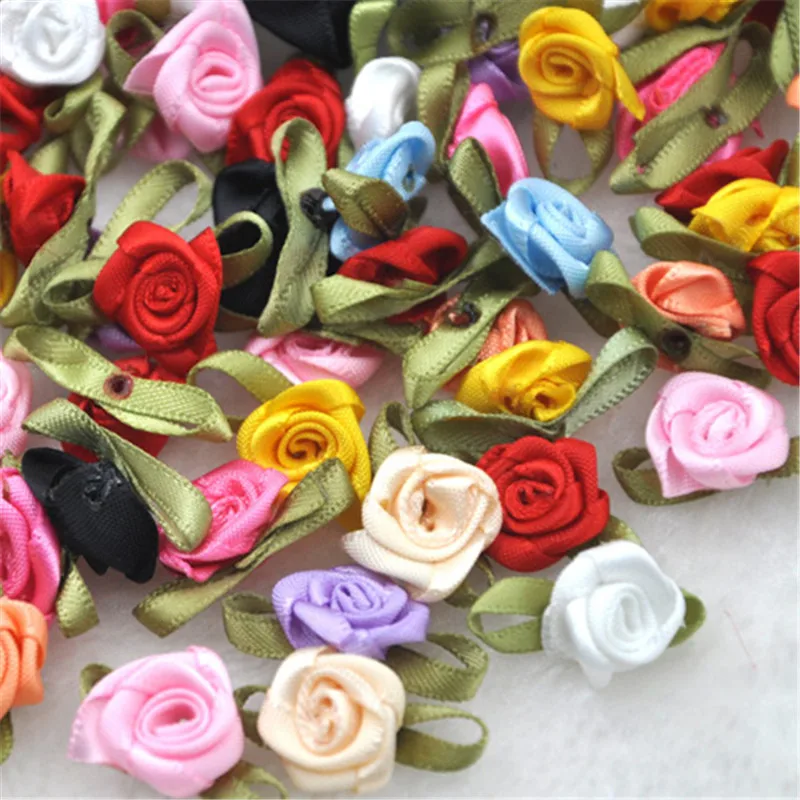 50PCS/Lot Mini Handmade Rose Flower Satin Ribbon  Fabric Appliques For Wedding Decoration Craft Sewing Accessories B039