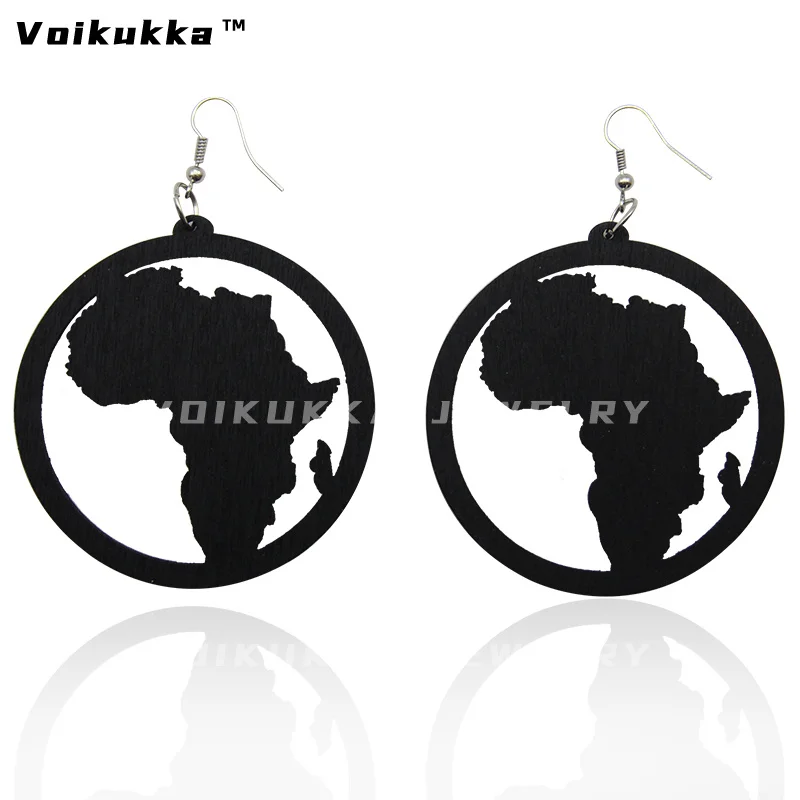 VOIKUKKA Jewelry Round Drop Pendants Laser Cutting Hollow Out I Love Jesus African Map Natural Wooden Ethnic Women Earrings