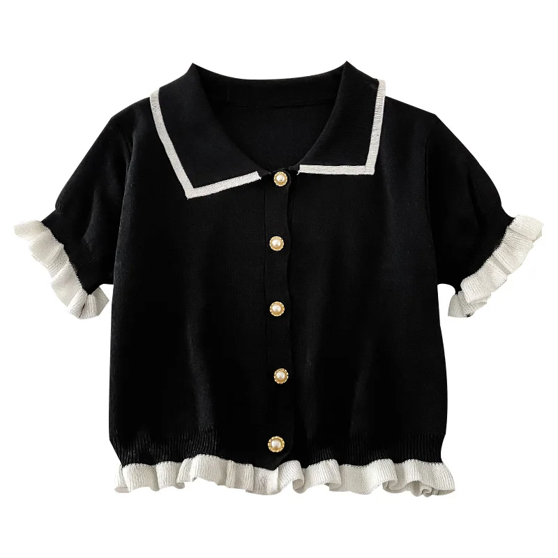 Shirts Women Sweet Design Ruffles Button Peter Pan Collar Blouses French Style Panelled Short Sleeve Knitted Crop Tops Girlish