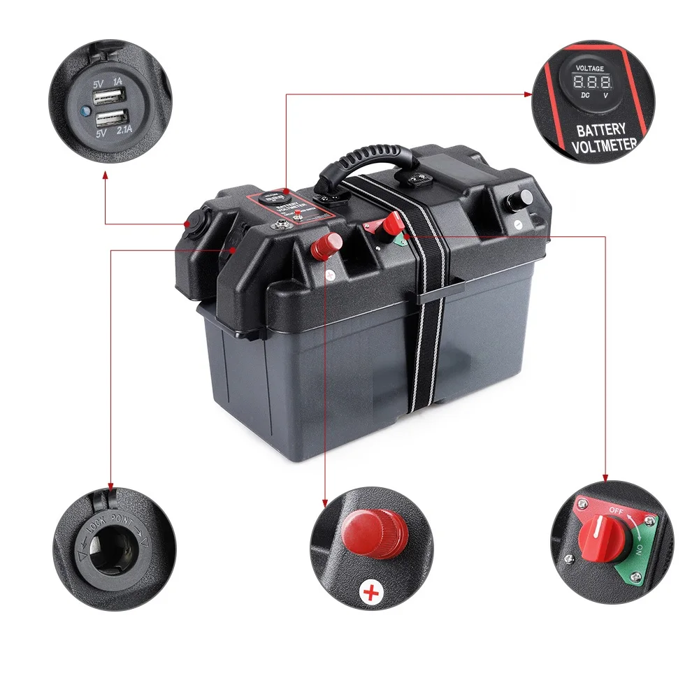 Boat Camper RV Battery Box Trolling Motor Power Center Station USB 12V Charger Port Plastic Fit Group 24- and 27-size Batteries