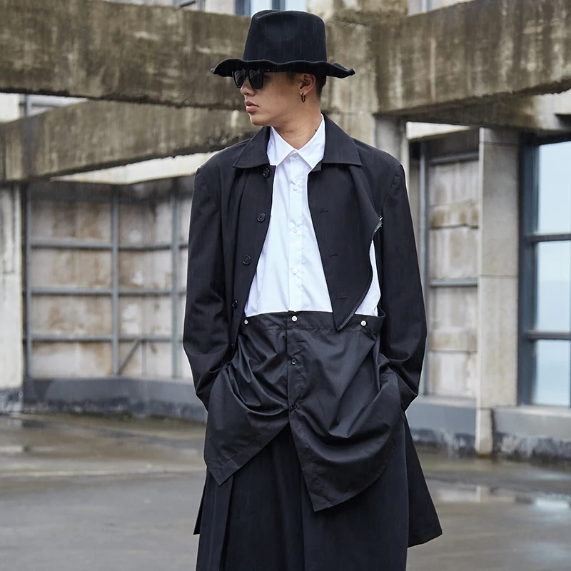 Mannen Nieuwe Yamamoto Classic Dark Japanse Medium Lengte Blazer Met Diagonale Rits Ontwerp