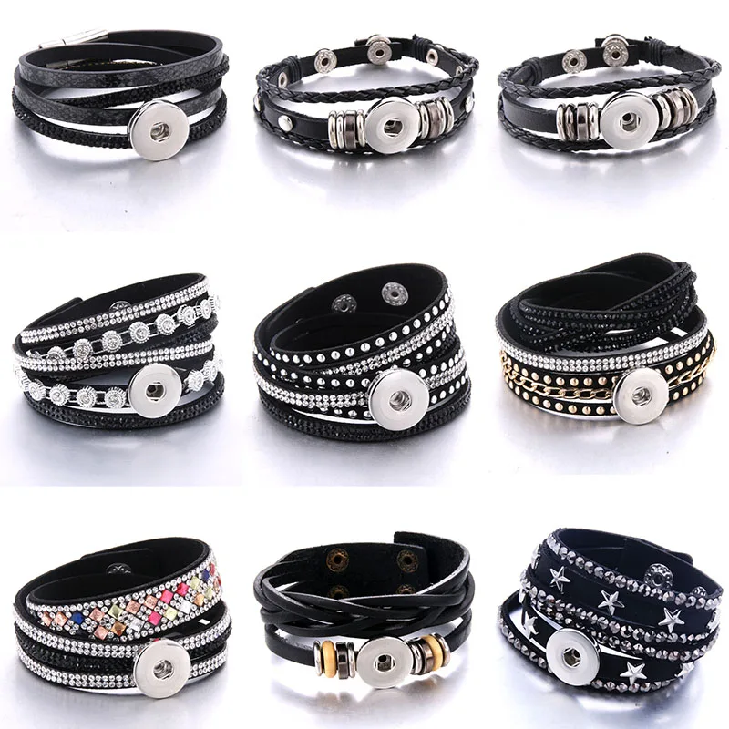 2020 New Snap Button Jewelry Vintage Beaded Black Leather Snap Bracelet Fit 18mm Snap Buttons Bohemia Magnetic Leather Bracelets