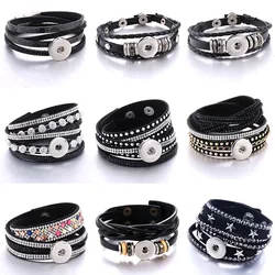 New Black Leather Snap Bracelet for Women Rhinestone Multilayer Leather Bracelet Diy 18mm Snap Button Jewelry Accessories Gift