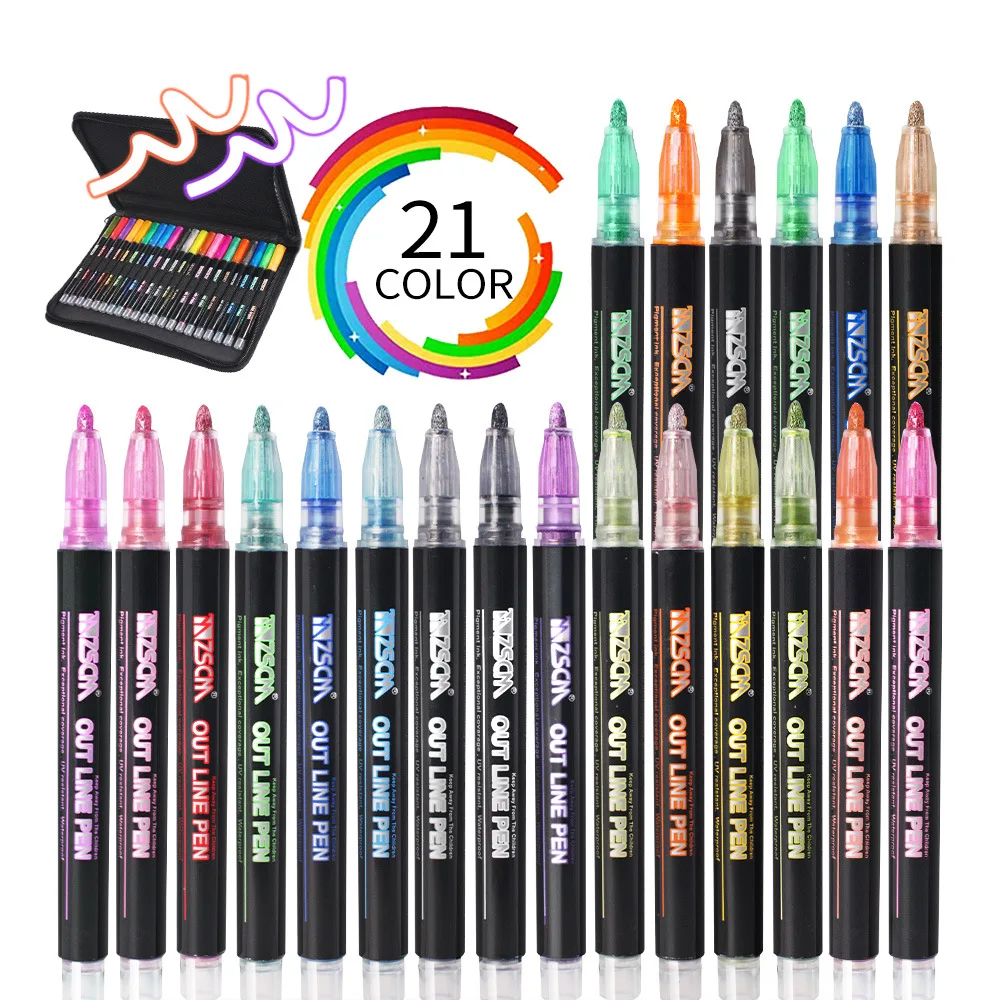 

New 12/21 Colors Metallic Markers with Case Double Line Outline Pen Set Highlighter Magic Art Painting Writing School Supplies