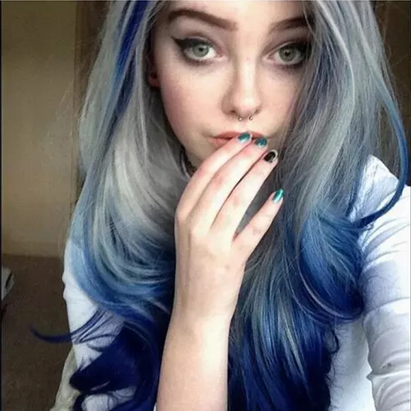 Curly Body Wave Synthetic Lace Front Wig Highlight Colored Ombre Black Blue Frontal Hair Cosplay Lolita Wigs For Black Women