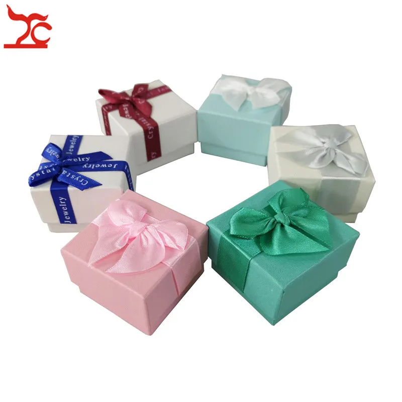 Fashion Color Paper Jewelry Gift Box Pink White Blue Ring Storage Organizer Gift Ribbon Box 5*5*3.8cm Wholesale 24Pcs/lot