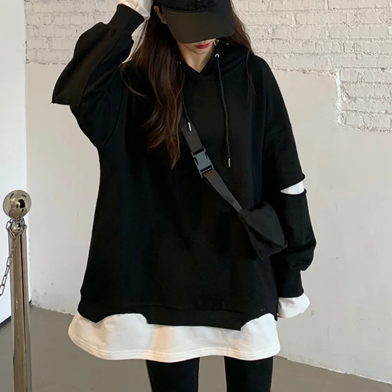 Women with Hat Hoodies Trendy Hollow Out Asymmetrical Sweatshirts Fake 2 Piece Drawstring Pullover Loose Casual Streetwear Chic