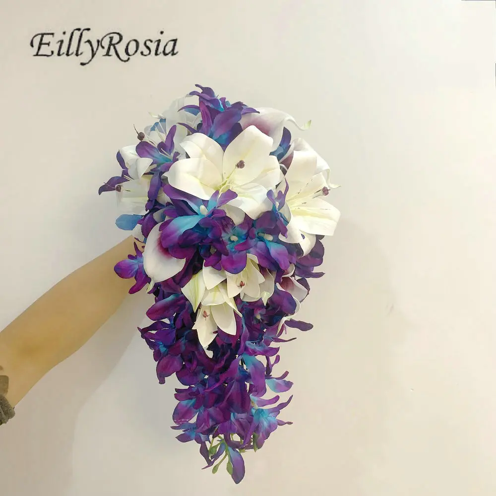 Lírio & lírio de calla galáxia orquídeas roxo azul hydrangea buquê de noiva flor de cereja