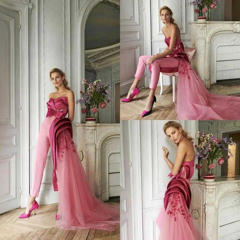 Jumpsuit Prom Merah Muda dengan Gaun Malam Renda Applique Satin Sweeteat Celana Buatan Khusus untuk Gaun Pesta