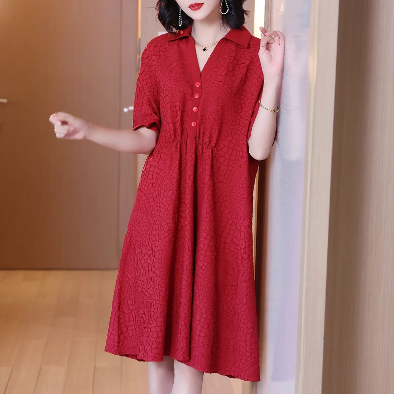 

Dress For Women 45-75kg Spring Summer New Red Fashion Turn Down Collar Loose Miyake Pleated Clothing Half Sleeve Knee Length