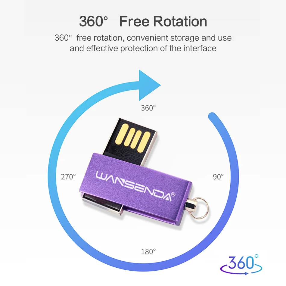 WANSENDA USB 플래시 드라이브 회전 펜 드라이브, 방수 펜 드라이브, USB 2.0 메모리 스틱, 키체인 포함, 8GB, 16GB, 32GB, 64GB, 128GB