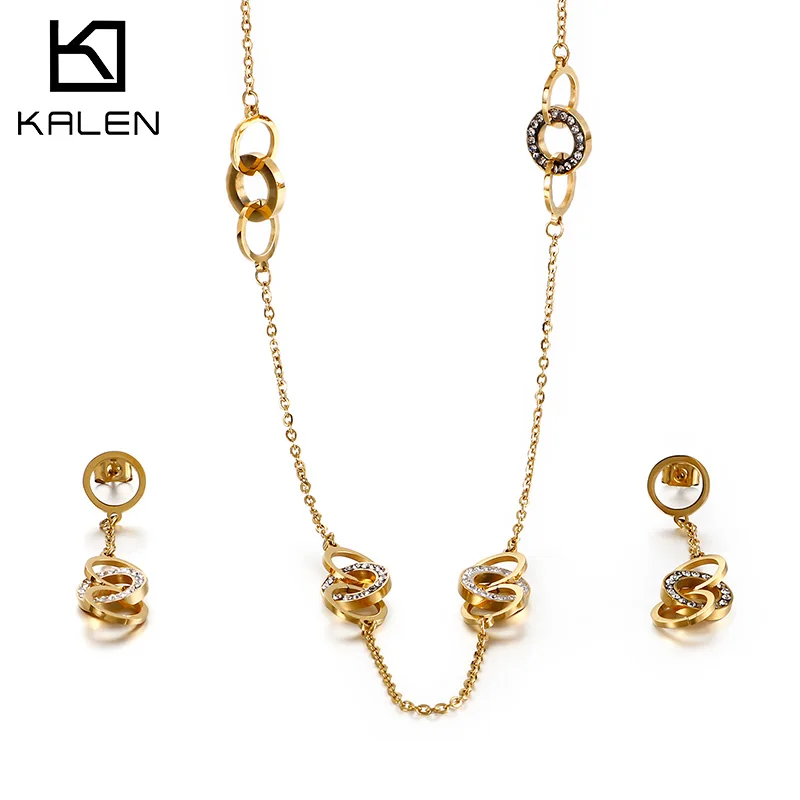 Kalen Unique Design 3 Rounds Interlock Chain Necklaces Drop Earrings Sets For Women Zircon Stainless Steel Femme Jewelry Sets