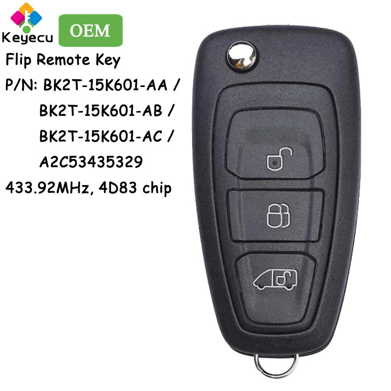 

KEYECU OEM Flip Remote Car Key With 3 Buttons 433.92MHz 63+ Chip for Ford Tourne Transit Custom 2012-16 Fob BK2T-15K601-AA AB AC