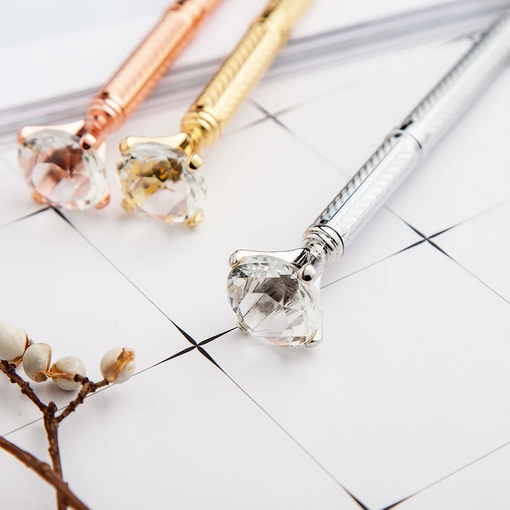 

Big Diamond Crystal Ballpoint Pen Ring Wedding Metal BallPen Kawaii Magical Fashion School Office Supplies Gift