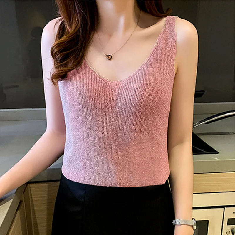 Bright Silk Ladies Tank Top Summer Clothing Vests For Women Shiny Elastics White Trend Korean Fashion Elegant Tanks And Camis