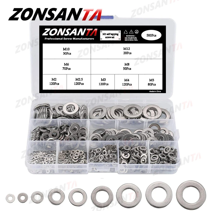 550/730pcs Flat Washer Set Stainless Steel Sealing Solid Ring Plain Gasket Kit M2 M2.5 M3 M4 M5 M6 M8 M10 M12 Assortment Kit