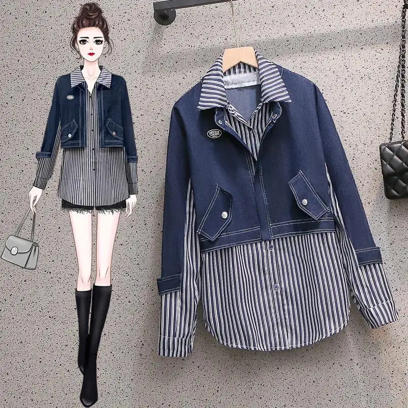 Spring Autumn cowboy Jackets New 2022 Fake Two-Piece Casual Shirt Coat Tops Women\'s Fashion Splicing Denim Jacket Female 4XL